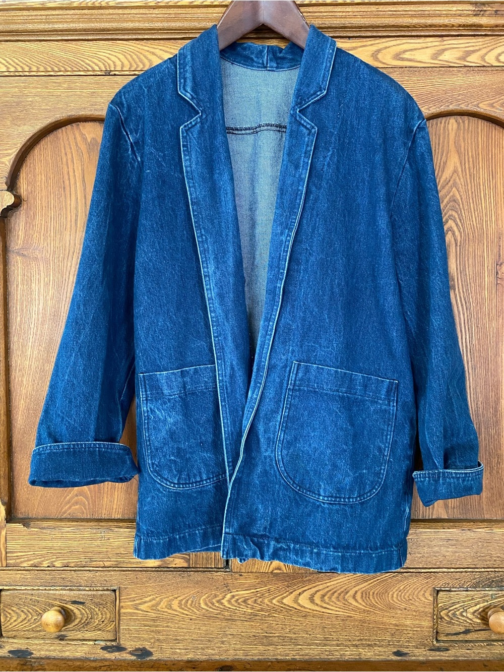 Denim blazer jacket oversize boxy M open front no brand tag heavy cotton Jean